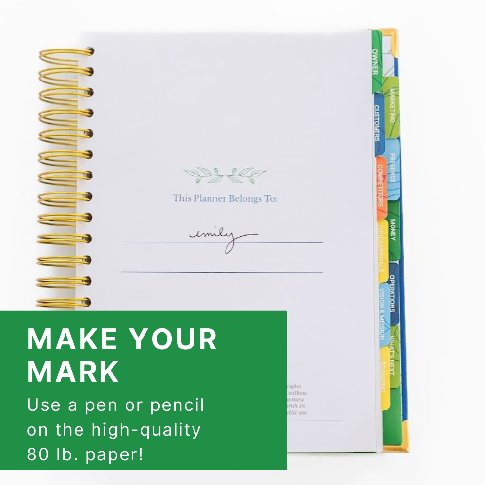 Picture of the name page of The Guided Small Business Planner with a text box on page that reads, 