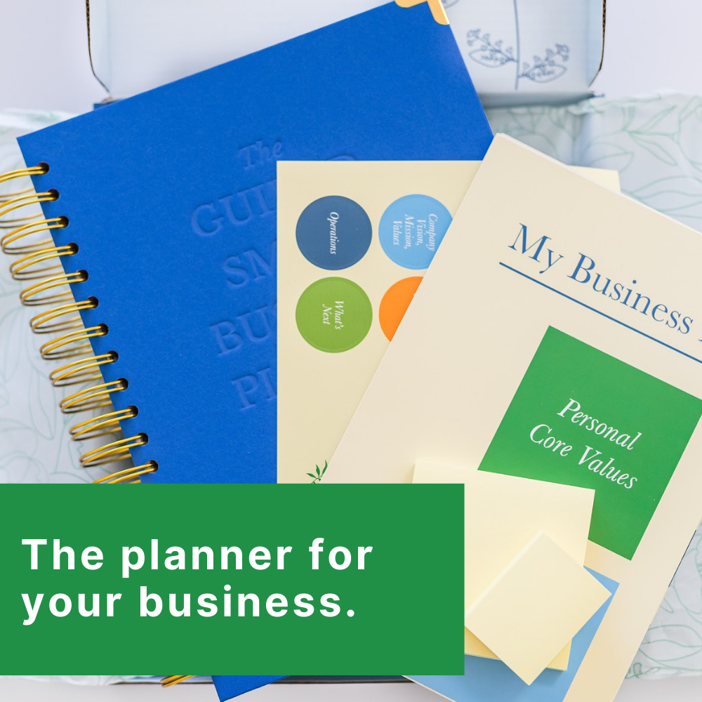 Photo of an opened box that shows The 
Guided Small Business Planner with the Executive Summary poster and sticker sheet. Text reads, 